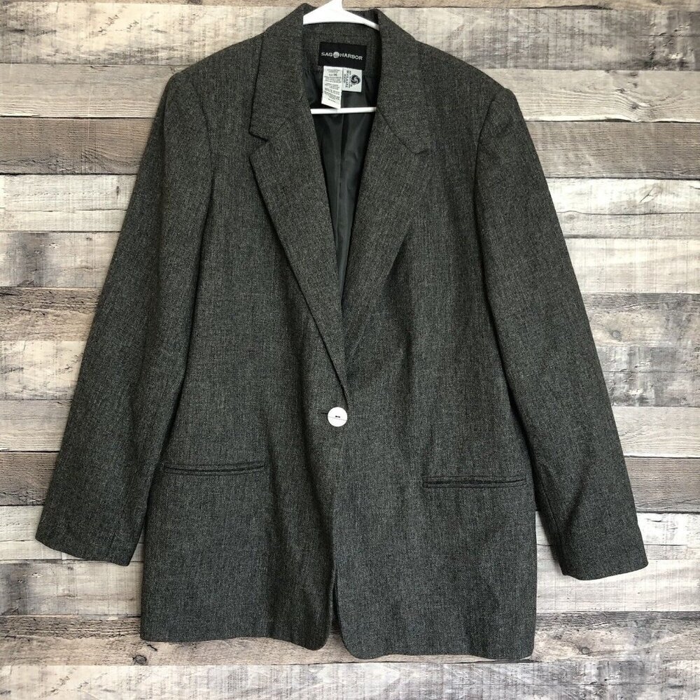 Sag Harbor Woman’s Blazer Jacket Size 16 Wool Blend Lined Gray Business